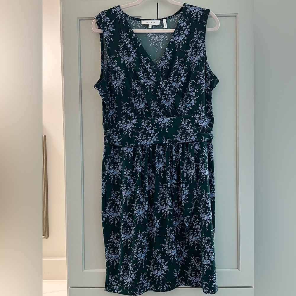 Lark & Ro Teal with Pale Blue Floral pattern Sleeveless V-neck Dress; size 16